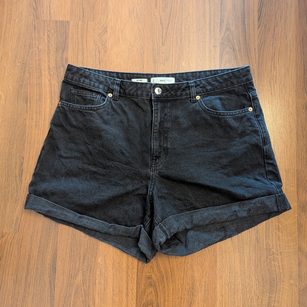 Mango Black Denim High-waisted Mom Shorts